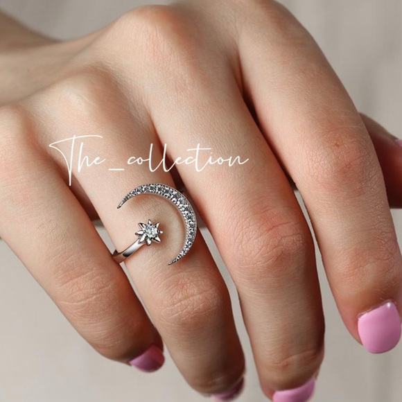 CRESCENT MOON STAR ADJUSTABLE OPEN RING IN SILVER - Picture 2 of 4